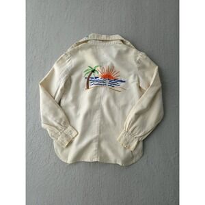 Vintage 60s 70s Ivory Cotton Hand Embroidered Mexican Button-Up Shirt Handmade M